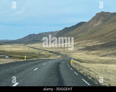 Eine gewundene Straße durch die vulkanische Landschaft im Norden Islands und die moosbedeckten Lavafelder Stockfoto