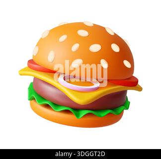 3D-Illustration eines lebendigen Cheeseburgers mit Salat, Käse, Tomaten und Zwiebeln. Gerendert im Cartoon-Stil vor einem weißen Hintergrund. Perfe Stock Vektor