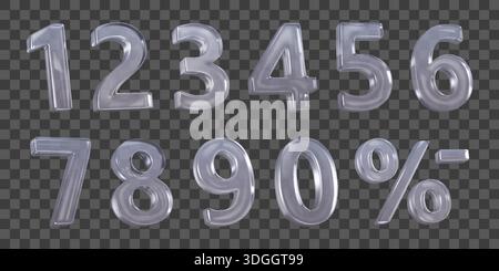 Set aus Ziffern und Symbolen aus durchscheinendem Glas mit glänzender Oberfläche. Wird auf einem karierten Hintergrund im 3D-Stil angezeigt. Enthält Ziffern von Null bis Nin Stock Vektor