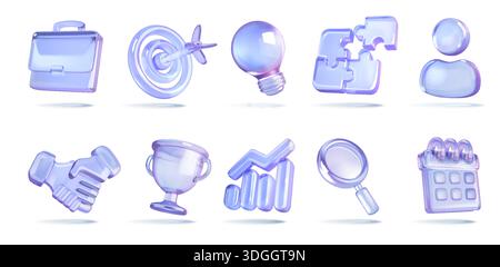Eine Sammlung von hochglänzenden 3D-Symbolen, die verschiedene geschäftsbezogene Symbole wie Aktenkoffer, Ziel, Glühbirne, Puzzle und Handschlag in einem blauen h darstellen Stock Vektor