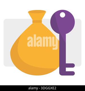 Erfolgreicher Geldbeutel-Vektor. Glänzend goldener lila Schlüssel. Statussymbol für Vermögenswertpapiere. Freischaltsymbole für Finanzexperten. Stock Vektor