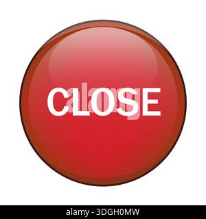 Rote, glänzende Schaltfläche ZUM SCHLIESSEN. Schnittstellenbefehl Vektorsymbol. Dunkler Schatten, kreisförmige Form. Website-Aktionsgrafik. Stock Vektor