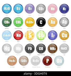Symbol für Chemie eingestellt. Bunte Spheres Kollektion. Wissenschaftsformeln Vektor. Periodische Elementgruppe. Stock Vektor