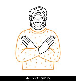 Eine minimalistische Linienzeichnung zeigt einen Mann mit einem Bart, der die Arme in einem orangefarbenen und schwarzen Pullover kreuzt. Die Abbildung weist auf eine Ablehnung oder hin Stock Vektor