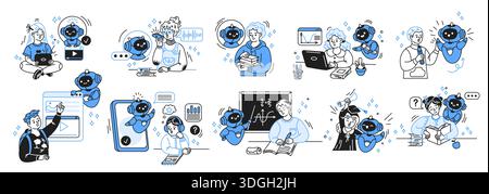 Illustration von Schülern und künstlicher Intelligenz, die sich an pädagogischen Aktivitäten im spielerischen Cartoon-Stil beteiligen. Das Farbschema Blau Schwarz betont Stock Vektor