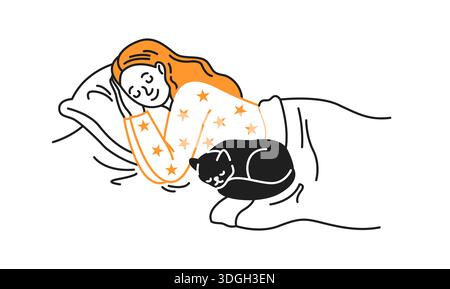 Illustration einer Frau, die friedlich im Bett schläft, mit einer schwarzen Katze, die auf der Decke liegt. Die ruhige Szene vermittelt Wärme und Gemütlichkeit. Stock Vektor