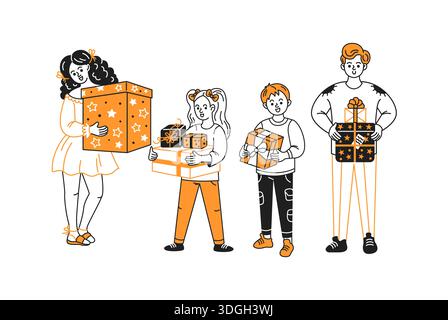 Animierte Familie mit bunten Geschenken mit fröhlichem Ausdruck. Wir feiern einen besonderen Anlass auf weißem Hintergrund. Leuchtendes Orange und Schwarz Stock Vektor