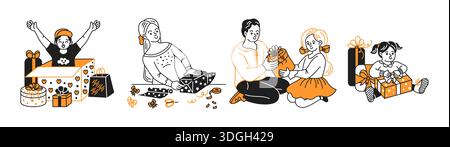 Festliche Illustration mit Menschen, die Geschenke genießen. Inklusive lächelnden Kindern und Erwachsenen. In Schwarz und Orange. Perfekt für Urlaub und Urlaub Stock Vektor