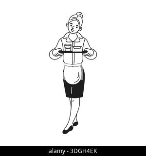Schwarz-weiß-Illustration einer lächelnden Kellnerin, die ein Tablett mit Getränken hält. Sie trägt eine Uniform mit Schürze und wirkt einladend. Stock Vektor