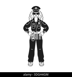 Schwarz-weiße Vektor-Illustration, die eine selbstbewusste Polizistin in Uniform mit Sonnenbrille darstellt. Sie steht mit Händen auf den Hüften und strahlt autonom aus Stock Vektor