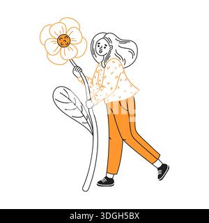 Illustration eines Mädchens mit fließendem Haar, das eine große Blume hält. Das fröhliche Design zeichnet sich durch schlichte Linien und eine Kombination aus Schwarz und Orange aus Stock Vektor