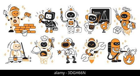 Abbildung: Niedliche Roboter, die verschiedene Aufgaben ausführen. Fesselnd und farbenfroh, um Berufe wie Baumeister, Doktor und Lehrer zu präsentieren. Perfekt für educ Stock Vektor