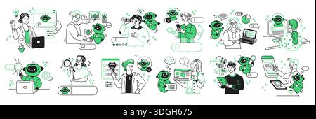 Stilisierte Illustration von Profis, die mit KI in digitalen Marketingumgebungen interagieren. Zeigt Zusammenarbeit und Technologie in Schwarz und Grün. I Stock Vektor
