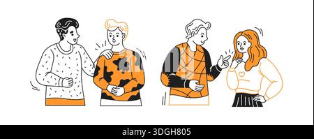 Illustration von Freunden in einer ungezwungenen Umgebung. Sie führen Gespräche. Der Stil ist schwarz-orange Strichgrafik. Geeignet für soziale Themen. Stock Vektor