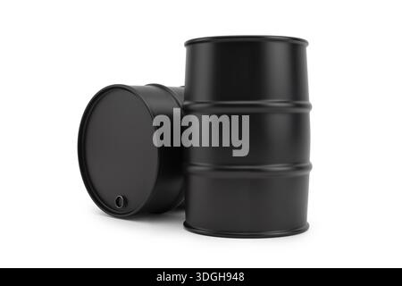 3D-Verputzung von schwarzen Industriefässern mit einem auf der Seite liegenden Fässer. Konzept der Verschüttung oder Lagerung von Chemikalien isoliert auf weiß. Stockfoto