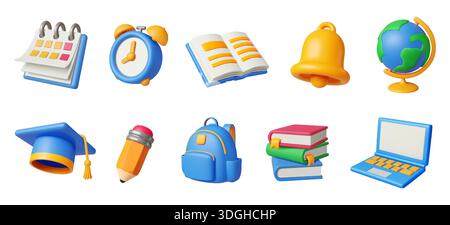 Set mit Bildsymbolen, die in lebendigem 3D-Stil gerendert werden. Enthält Kalender, Alarm, Buch, Glocke, Glocke, Kappe, Bleistift, Rucksack, Buchstapel, Laptop. Hell Stock Vektor