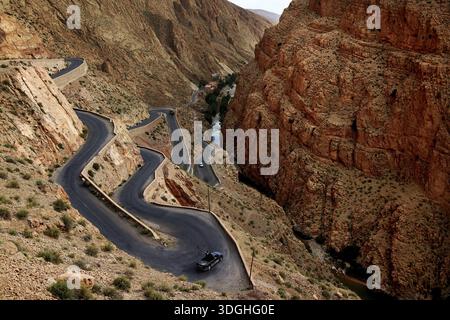 Serpentinenstraße schlängelt sich spektakulär durch die felsige Dades Gorge, Dades, Region, MA Stockfoto