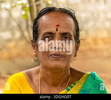 Eine Frau in gelbem und grünem Saree steht draußen, ihr ruhiger Ausdruck wird von sanftem Licht, rotem Bindi, Goldschmuck und traditioneller Kleidung eingerahmt. Stockfoto