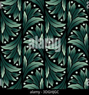 Fans von grünen Blättern auf schwarzem Hintergrund. Nahtloses Muster gekrümmter Blätter. Elegantes Vintage-Pflanzendesign. Druckdesign für Tapeten, Textilien usw. Stock Vektor