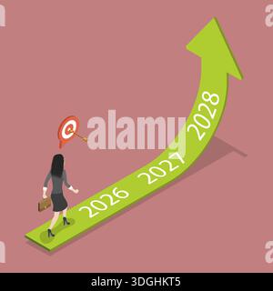 3D Isometrischer flacher Vektor Illustration der zukünftigen Ziele, Geschäftsmann, der 2026-2028 Jahre lang auf zukünftige Ziele zusteuert Stockfoto