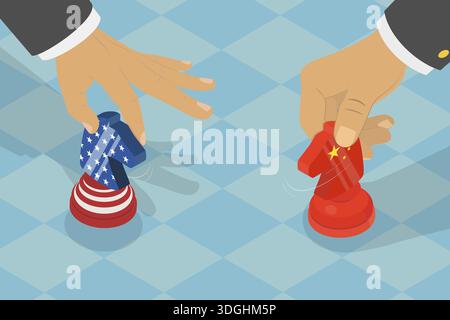 Isometrische flache Vektor-Illustration von China - USA Handelskrieg, Spiel Schachstücke mit USA und China Flag Designs Stockfoto