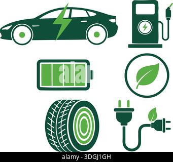Elektroauto- und Eco Energy-Symbole mit Batterieladung und umweltfreundlicher Technologie Stock Vektor