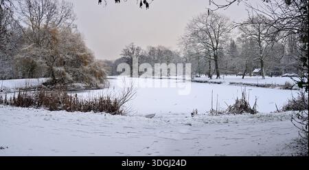 Eine friedliche Winterszene mit einem gefrorenen Fluss umgeben von schneebedeckten Bäumen. Sanftes Licht verstärkt die ruhige Atmosphäre dieses ruhigen natürlichen Settin Stockfoto