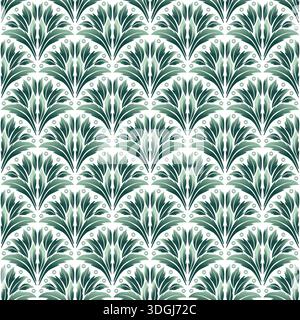 Zartes, elegantes grünes nahtloses Muster im klassischen Stil. Grün hinterlässt Fans auf weißem Hintergrund. Vintage-Flora-Design im Jugendstil. Vektorabbildung Stock Vektor