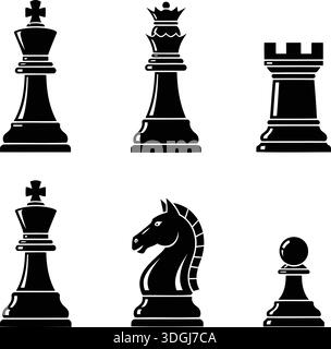 Schachfiguren-Set mit King Queen Rook Knight und Pawn Silhouetten Stock Vektor