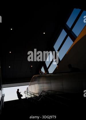Kontrastreiche Silhouette einer einsamen Person, die Treppen hinaufgeht, oder einer Rolltreppe in einem modernen Gebäude. Starke geometrische Schatten und Sonnenlicht, die durch die Luft strömen Stockfoto