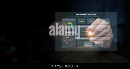 KPI-Dashboard für Führungskräfte. Ein Geschäftsmann, der die Schnittstelle für Leistungsindikatoren für Outputtrends, Umsatz, Kundenbindung, Risikoübersicht, Geschäfte verwendet Stockfoto