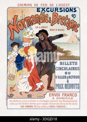 Farbiges lithographisches Poster von Georges Meunier, um Ausflüge in die Normandie und Bretagne mit dem Zug zu fördern. Stockfoto