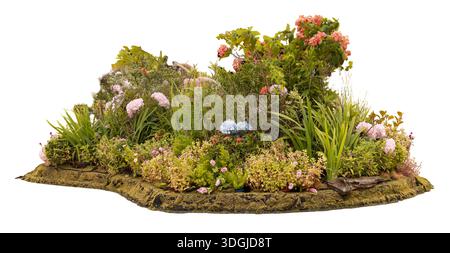 Eine Sammlung von Pflanzen und Blumen, die zusammen auf grüner Basis angeordnet sind. Verschiedene Arten von Blumen sind Rosa, Blau und weiß. Perfekt für Design und Stockfoto