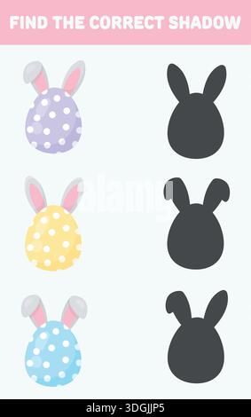 Suchen Sie den richtigen Schatten. Ostereier mit Kaninchenohren. Isolierter weißer Hintergrund. Vektorabbildung mit flachem Stil. Stock Vektor