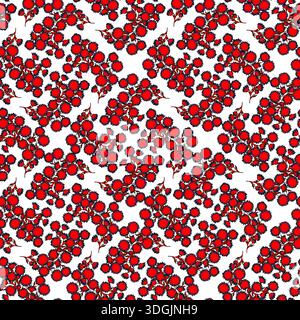 Nahtloses Muster mit stilisierten roten Blüten, schwarzen Akzenten und grünen Stielen. Auffällige Kontraste und Symmetrie sorgen für ein dynamisches Blumendesign Stockfoto