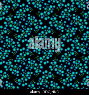 Lebendiges nahtloses Muster mit wirbelnden blauen Blumen und grünen Stielen auf schwarzem Hintergrund. Hypnotisches Blumendesign, ideal für Modedrucke und digitale Kunst Stockfoto
