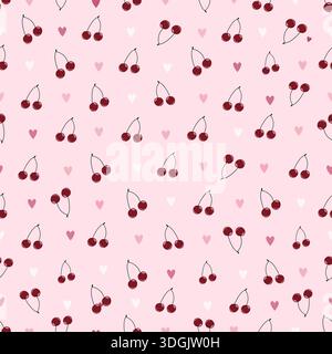 Nahtloses Muster aus rosafarbenen Herzen und Kirschen im Hintergrund. Vektorabbildung Stock Vektor