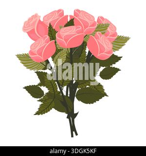 Ein Strauß aus hellrosa Rosen mit sieben zarten Blüten. Vektorillustration auf weißem Hintergrund. Stock Vektor