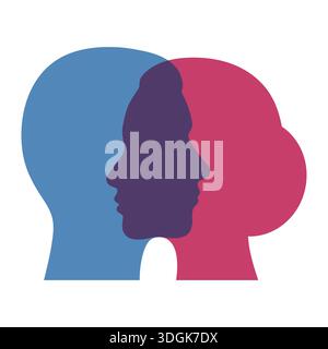 Illustration einer abstrakten Doppelpersönlichkeit, verliebtes Paar auf weißem Hintergrund. Unterschiede und Ähnlichkeiten zwischen Mann und Frau. Stock Vektor