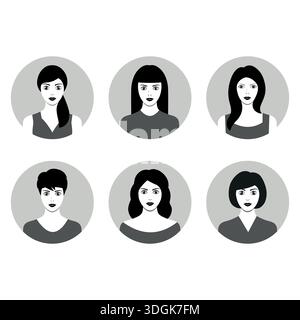 Set von verschiedenen runden Avataren Frauen isoliert auf weißem Hintergrund. Verschiedene Kleidung und Frisuren. Einfacher, flacher Cartoon-Stil Stock Vektor
