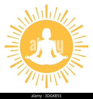 Illustration-Logo-Frau in Lotusposition auf dem Hintergrund der Sonne Stock Vektor
