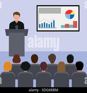 Redner, der vom Podium vor den Schülern spricht, öffentlicher Sprecher Charaktervektor-Illustration Stock Vektor