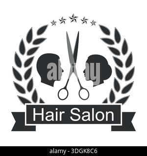 Emblem für Friseure und Schönheitssalons. Silhouette von Mann und Frau Kopf mit Schere und Kamm Stock Vektor