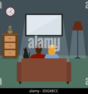 Ein junges Paar sieht sich einen Film an. Mann und Frau mit einer Katze auf der Couch Stock Vektor