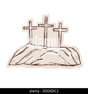 Ostern Fastenzeit religiöse christliche Ikone Set mit Kreuz, Bibeljournal, jesus, Grab, Esel, palmensonntagsblatt Symbol Set. Isoliert von Hand gezogen Stock Vektor