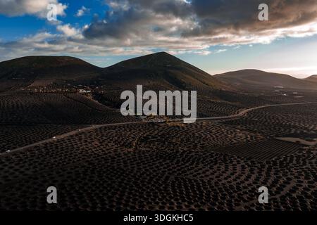 Aus der Vogelperspektive der Weinberge von La Geria und der Vulkankegel auf Lanzarote Stockfoto