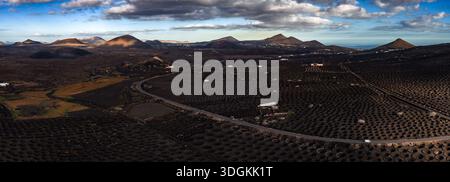 Panoramablick auf La Geria Weinberge, Lanzarote, Kanarische Inseln Stockfoto