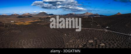 Panoramablick auf La Geria Weinberge und Timanfaya Lavafelder, Lanzarote Stockfoto