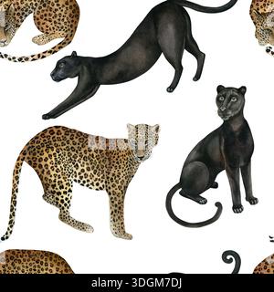 Panther- und Leopardenmuster. Handgezeichnete Aquarellbilder isoliert auf weißem Hintergrund. Nahtloses Muster für Textilien, Tapeten, Drucke und Stockfoto