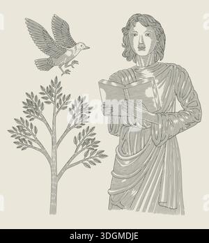 Alte junge griechische junge Mann mit Taube und Baum für Naturschutz, Vintage Gravur Zeichnung Stil Illustration Stock Vektor